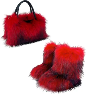 Zcargel Fur Snow Boots Women's Faux Fur Tote Bag ladies Snow Boots Winter Handbag Boots Set Plush Shopping Bag for Outdoor