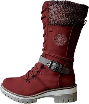ZDLJYL Women Buckle Lace Knitted Mid-calf Boots, Motorcycle Side Zipper Combat Cowboy Riding Boots Knitted Boots for Women
