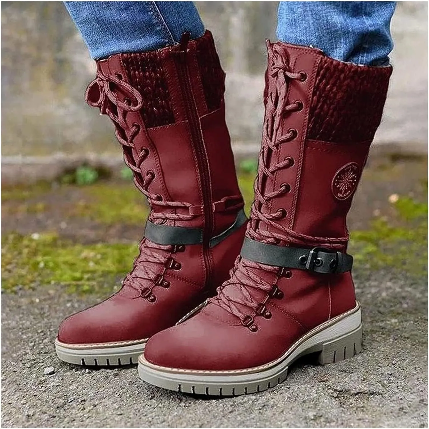 ZDLJYL Women Buckle Lace Knitted Mid-calf Boots, Motorcycle Side Zipper Combat Cowboy Riding Boots Knitted Boots for Women