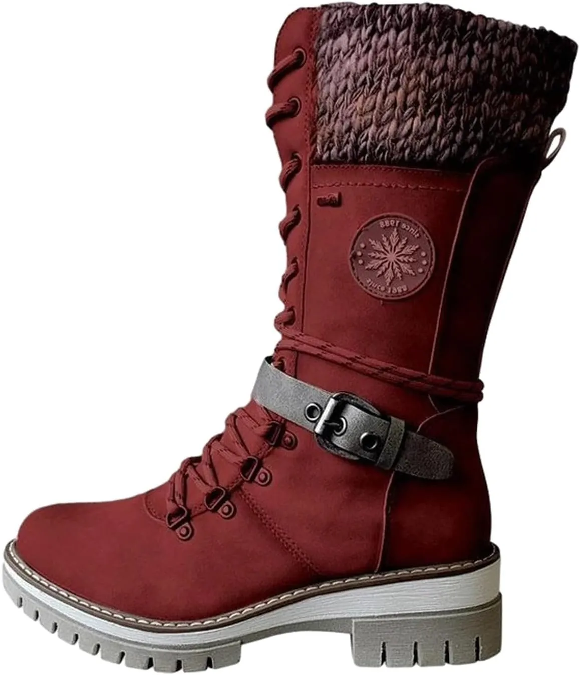ZDLJYL Women Buckle Lace Knitted Mid-calf Boots, Motorcycle Side Zipper Combat Cowboy Riding Boots Knitted Boots for Women