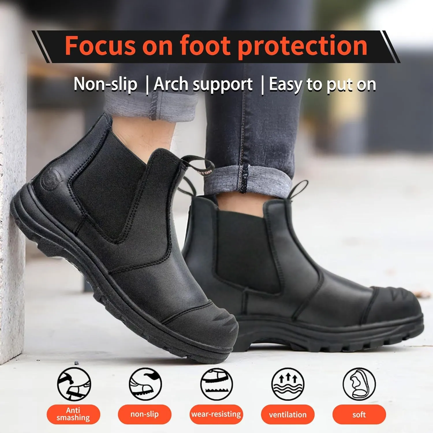 ZERVRTON Steel Toe Work Boots for Men,Slip-on Work Boots,Men's Industrial & Construction Shoes,Waterpoof Safety boots,Non-slip,Comfortable,Lightweight