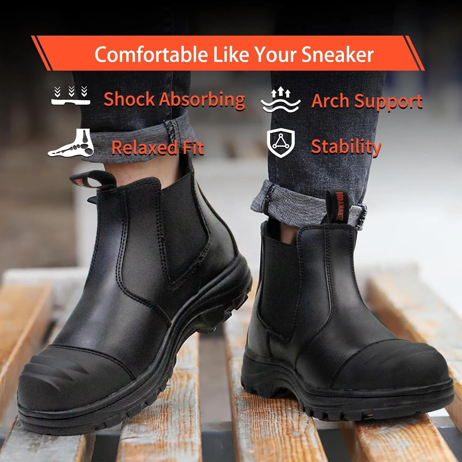 ZERVRTON Steel Toe Work Boots for Men,Slip-on Work Boots,Men's Industrial & Construction Shoes,Waterpoof Safety boots,Non-slip,Comfortable,Lightweight