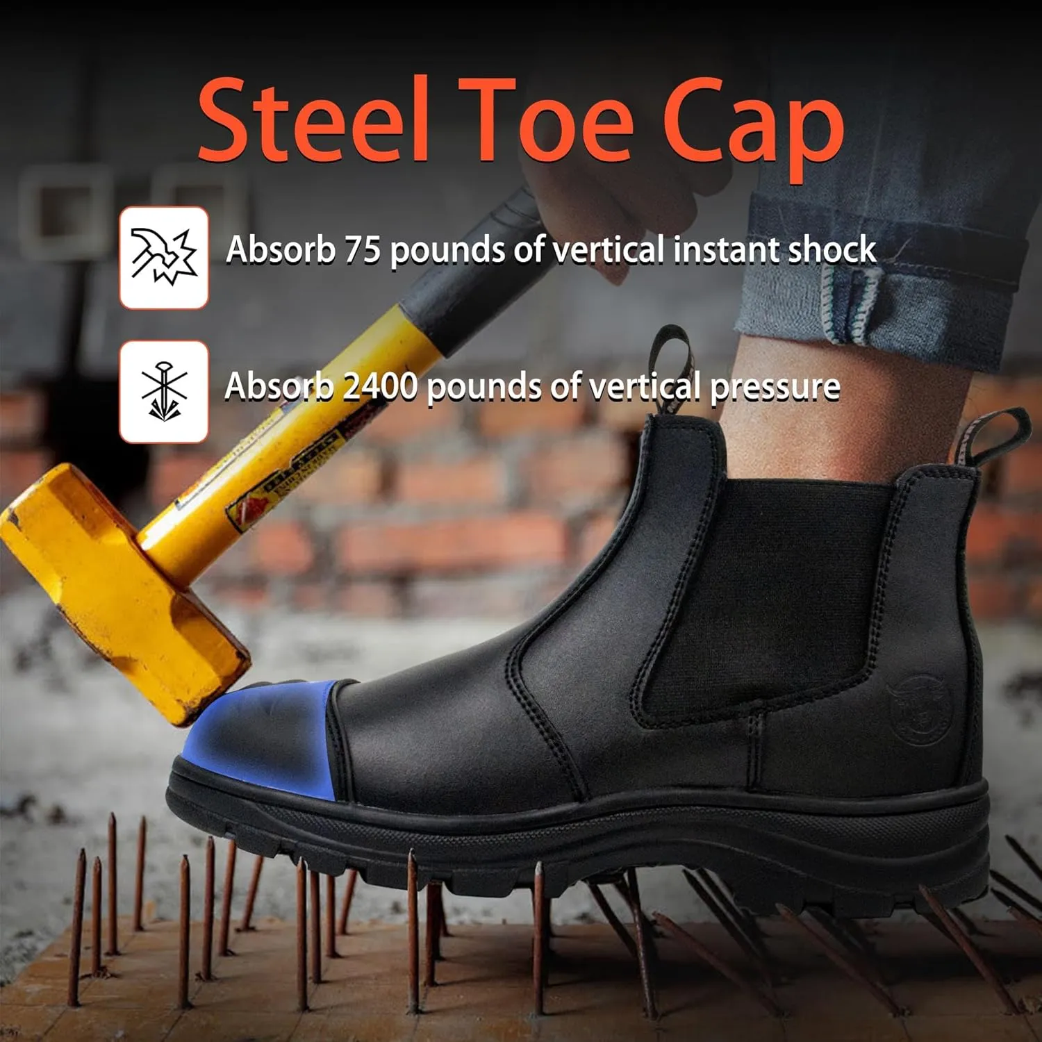 ZERVRTON Steel Toe Work Boots for Men,Slip-on Work Boots,Men's Industrial & Construction Shoes,Waterpoof Safety boots,Non-slip,Comfortable,Lightweight
