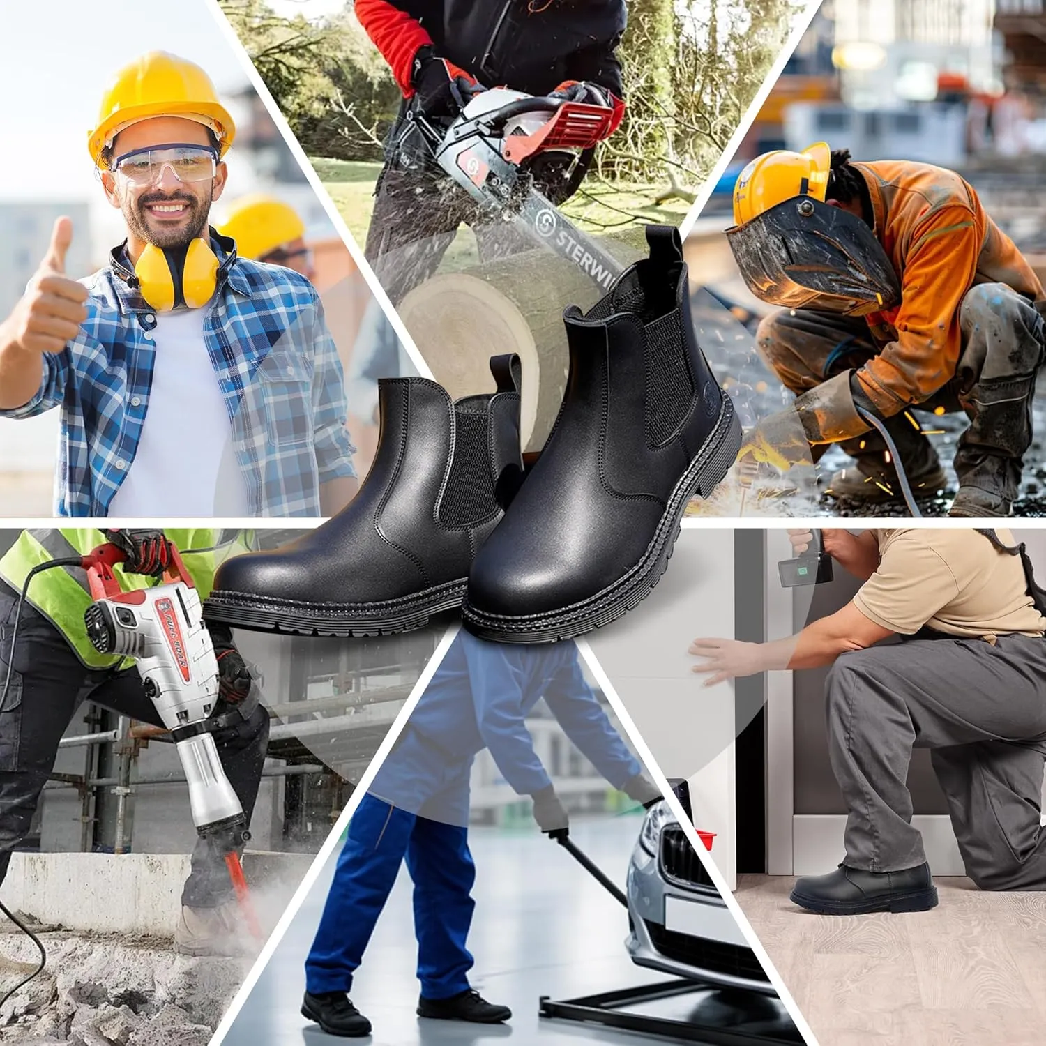 ZERVRTON Steel Toe Work Boots for Men,Slip-on Work Boots,Men's Industrial & Construction Shoes,Waterpoof Safety boots,Non-slip,Comfortable,Lightweight