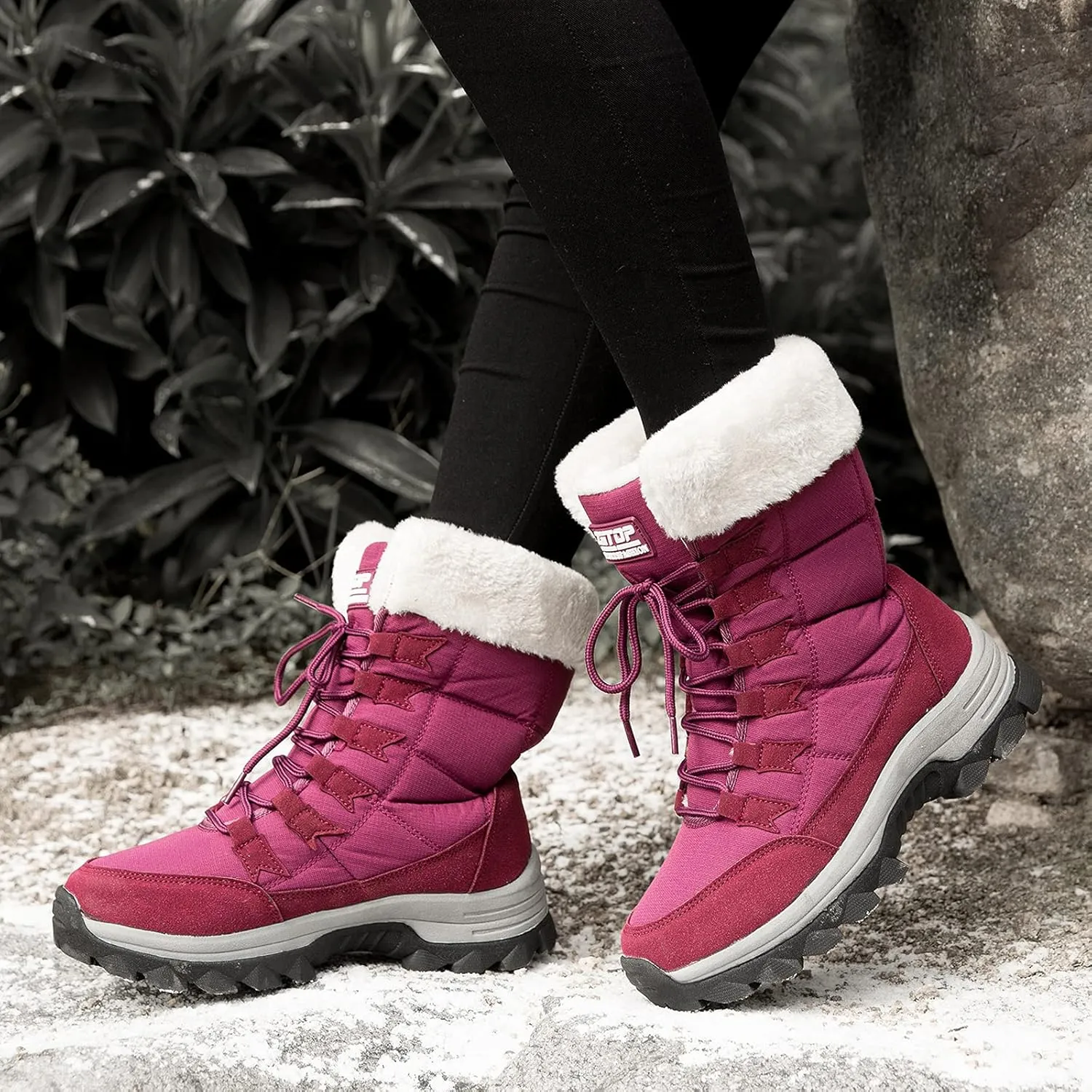ziitop Womens Winter Snow Boots Waterproof Fur Lined Warm Winter Boots for Women Lace up Mid Calf Outdoor Anti-Slip Shoes for Walking