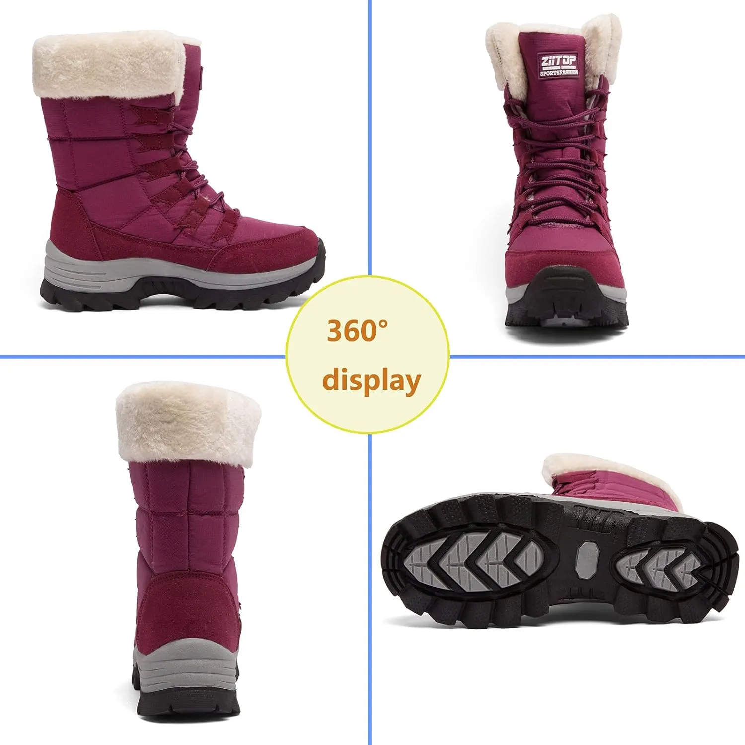 ziitop Womens Winter Snow Boots Waterproof Fur Lined Warm Winter Boots for Women Lace up Mid Calf Outdoor Anti-Slip Shoes for Walking