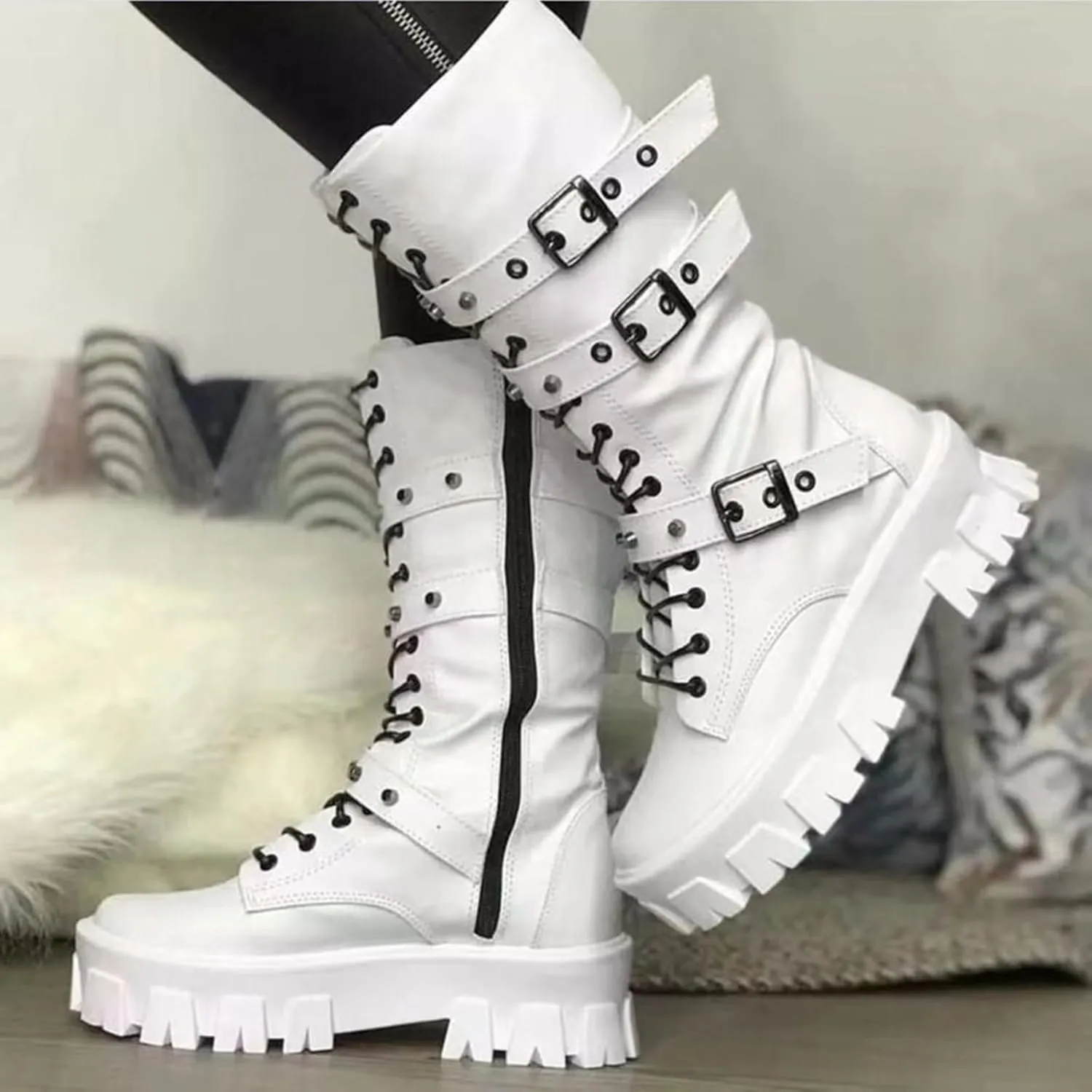 ZKXYFFS Womens Goth Ankle Booties Chunky High Heel Mid Calf Boots Side Zip Combat Lace Up Punk Rivet Motorcycle Platform Boots