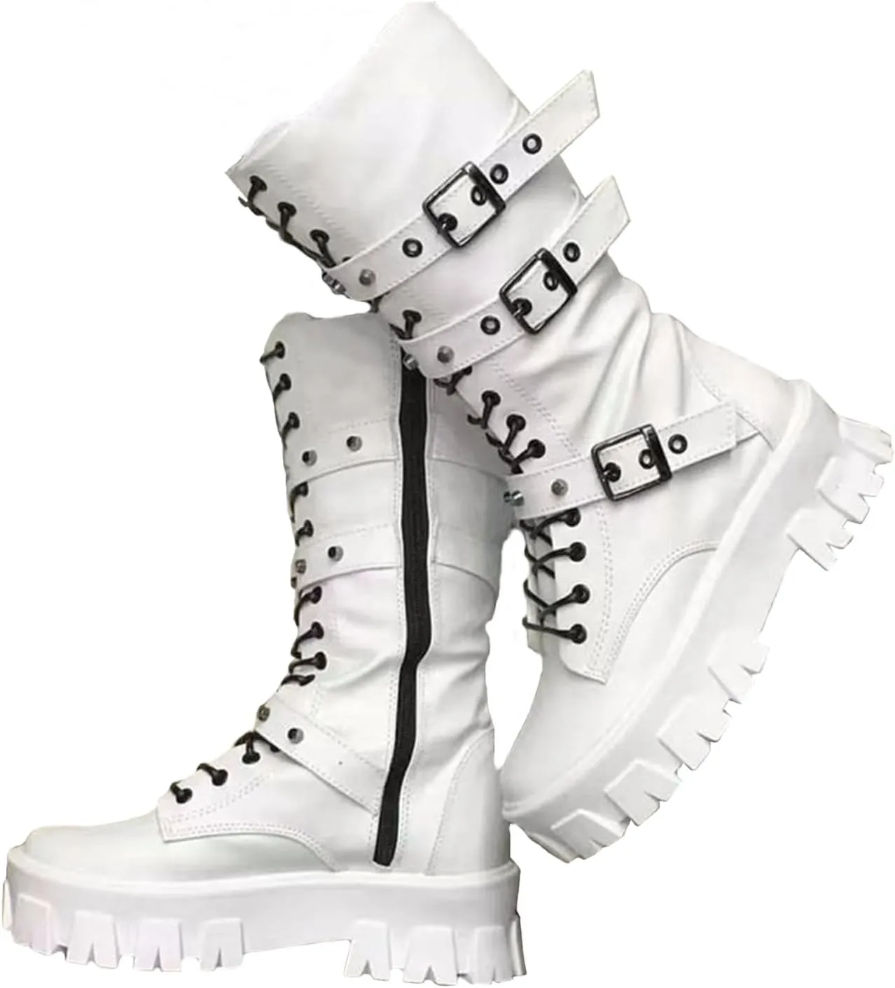 ZKXYFFS Womens Goth Ankle Booties Chunky High Heel Mid Calf Boots Side Zip Combat Lace Up Punk Rivet Motorcycle Platform Boots