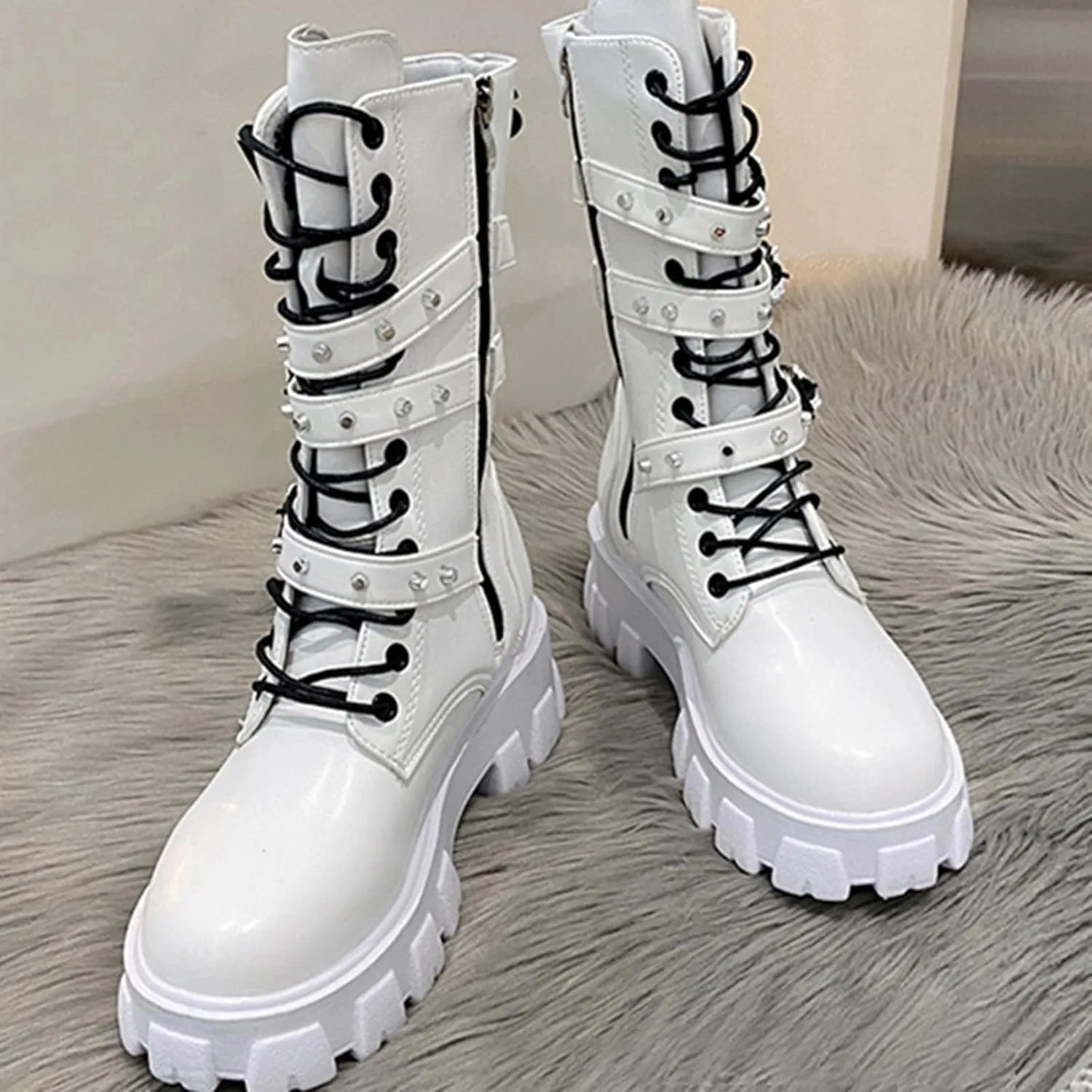 ZKXYFFS Womens Goth Ankle Booties Chunky High Heel Mid Calf Boots Side Zip Combat Lace Up Punk Rivet Motorcycle Platform Boots
