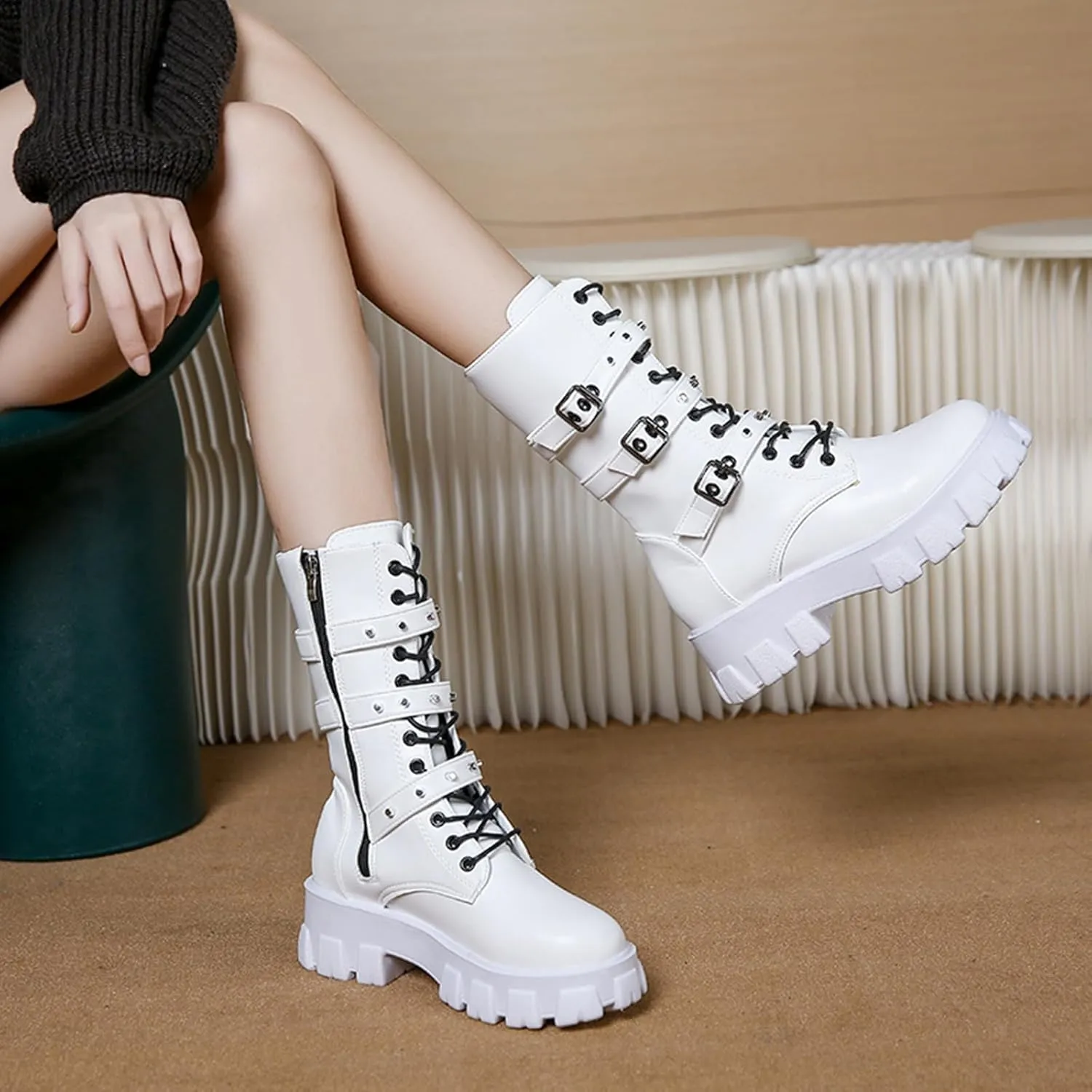 ZKXYFFS Womens Goth Ankle Booties Chunky High Heel Mid Calf Boots Side Zip Combat Lace Up Punk Rivet Motorcycle Platform Boots