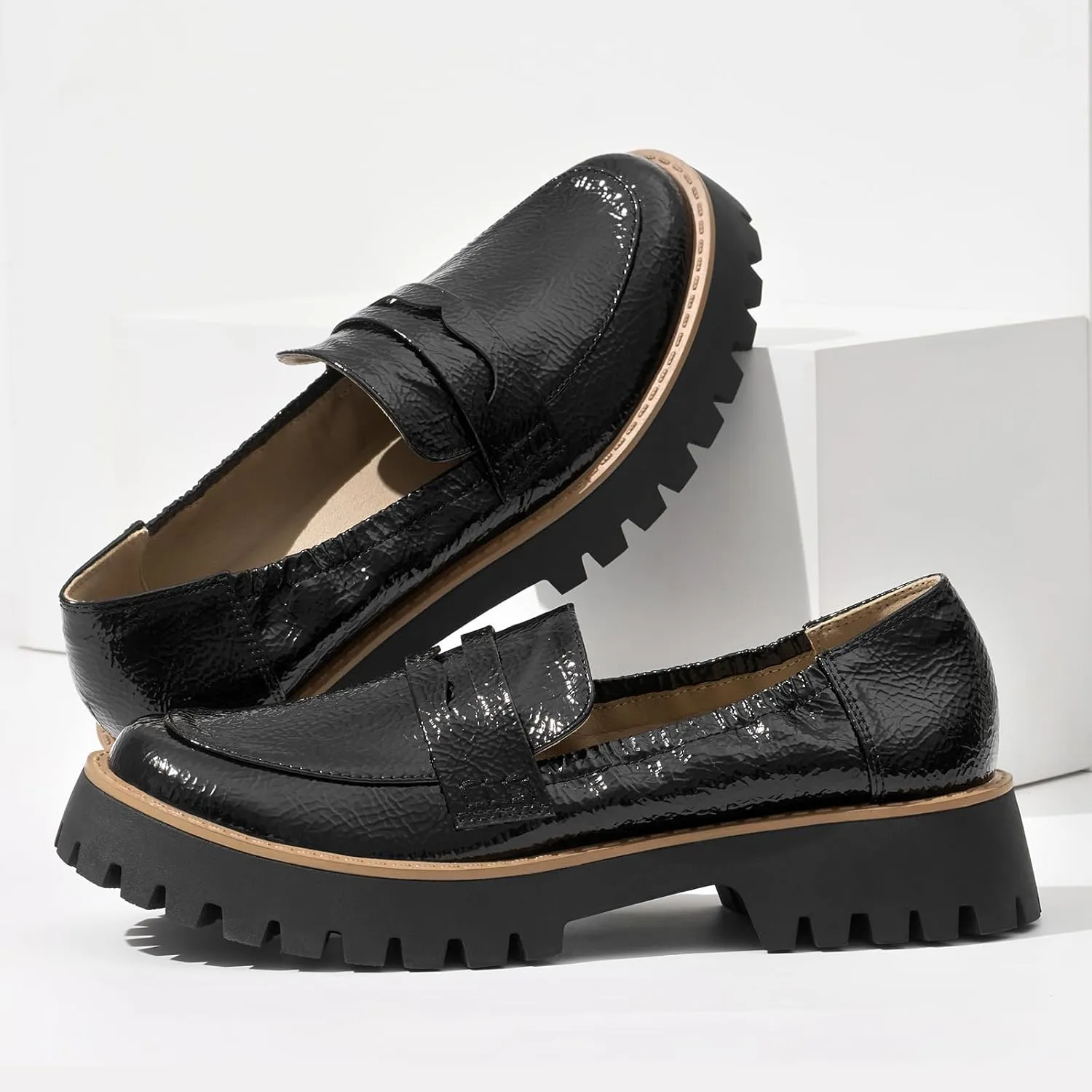 ZURIN Loafers for Women Platform Chunky Heel Loafers Lug Sole Penny Loafers Comfortable Womens Business Casual Shoes